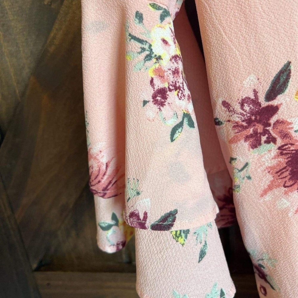 Women Pink Floral Tiered Ruffle Bell Sleeve Mini Shift Dress Large Romantic Boho - Picture 4 of 7